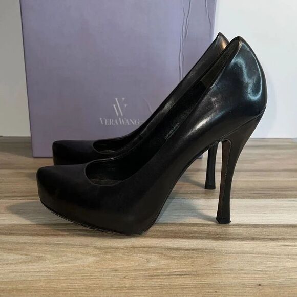 Ladies Vera Wang Raquel Hidden Platform Pumps Black Size 6 Leather Heels Shoes - Picture 6 of 10